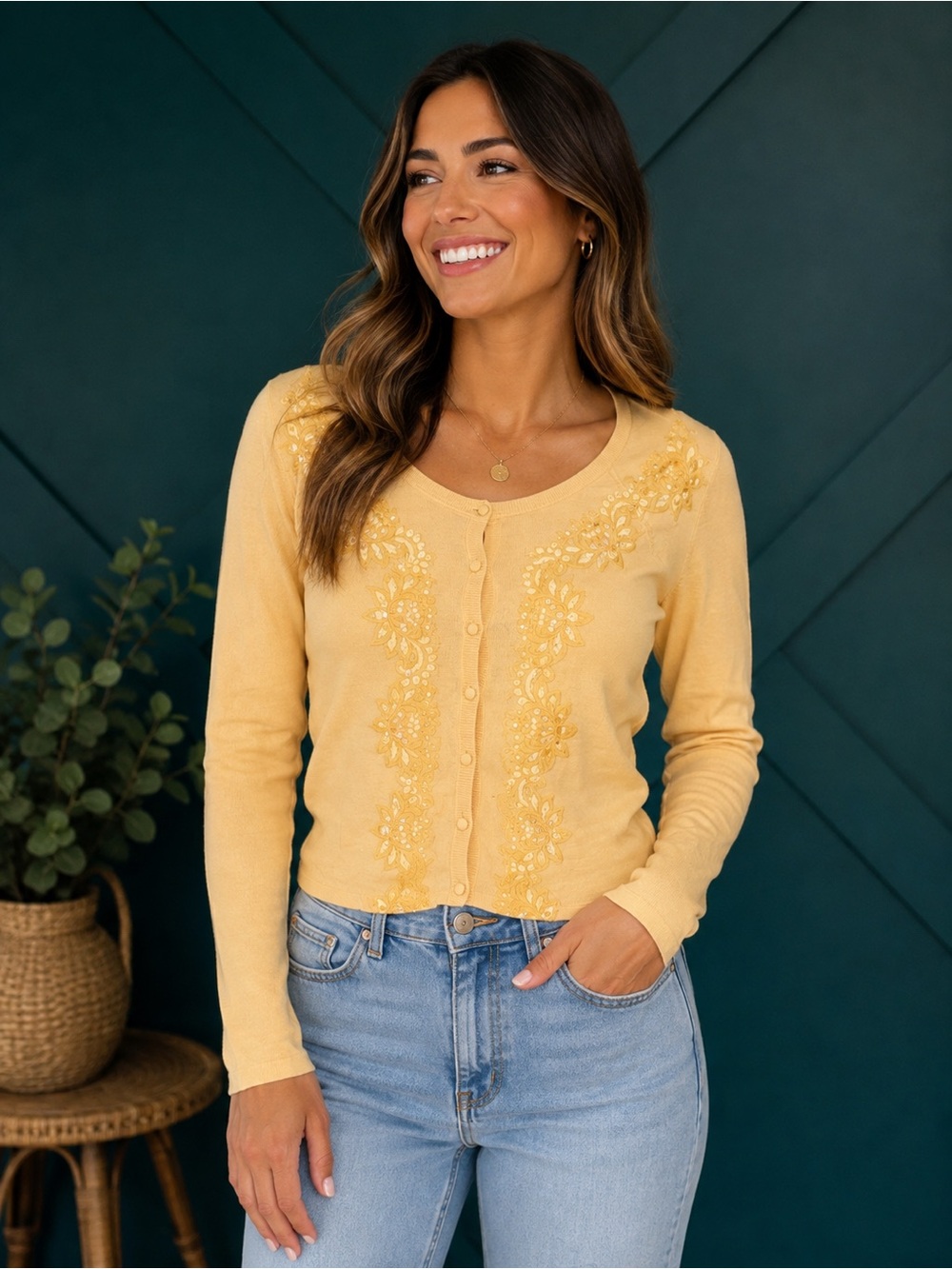 Vintage Dorothee Bis Silk/Cotton Butter Yellow Embroidered Cardigan Grandmacore